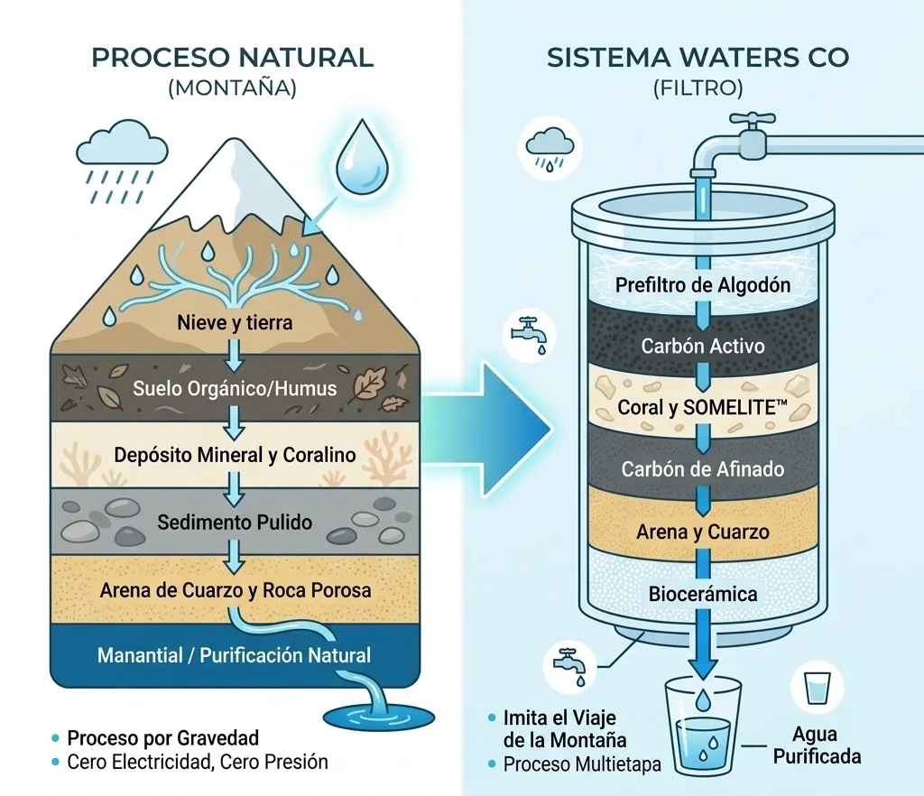 El proceso natural de la montaña comparado con el sistema de filtración Waters Co: las capas de nieve, suelo, mineral, sedimento y arena equivalen a las capas de algodón, carbón, coral, arena y biocerámica del filtro